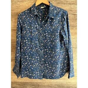 A loves A Blouse Sz M Blue 100% Silk Floral Button Down Top Collared Preppy